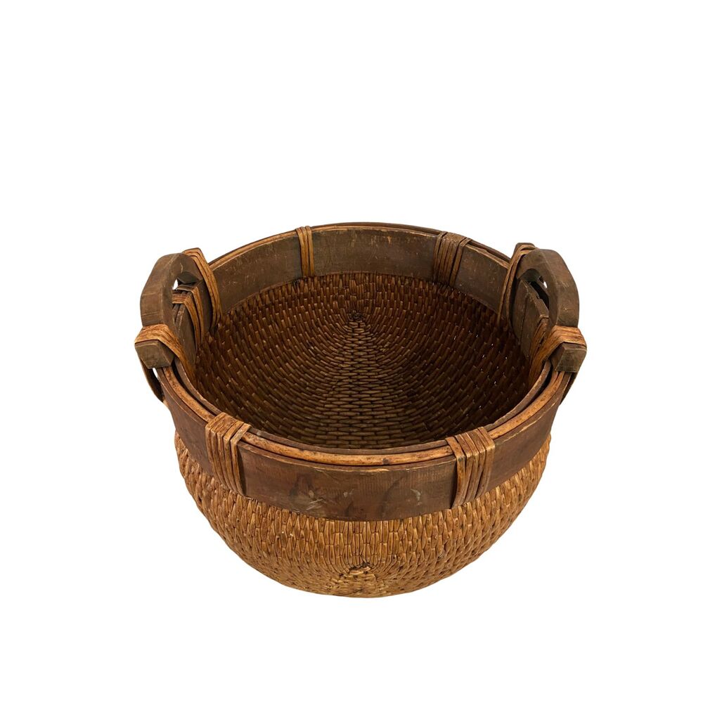 Chinese Woven Willow Rice Basket w/ 2 Wood Hand Carved Handles 19th Century - Picture 4 of 11